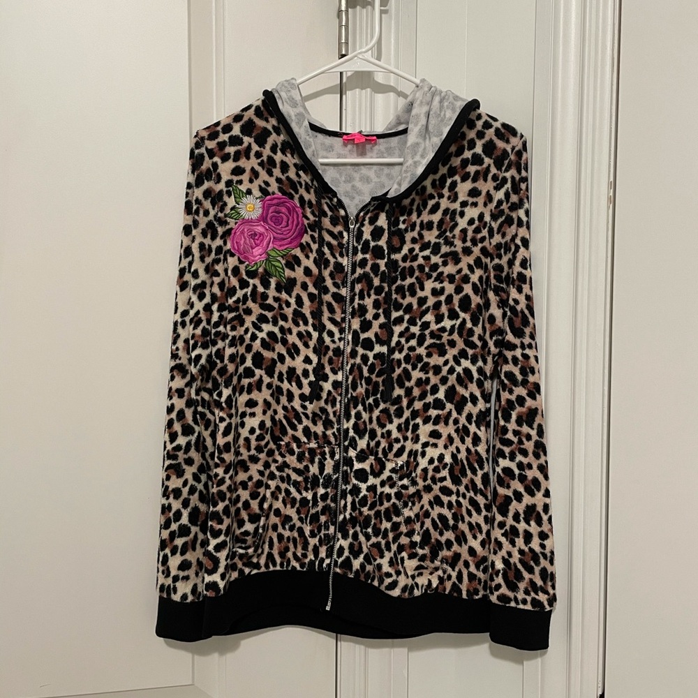 Betsey Johnson leopard print velour zip-up